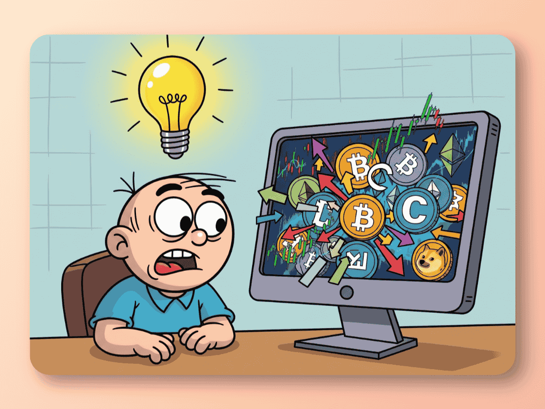 What is a Crypto Wallet & How Does It Work? 2 A fun, cartoonish image of a person looking confused at a screen with crypto symbols, with a lightbulb turning on above their head